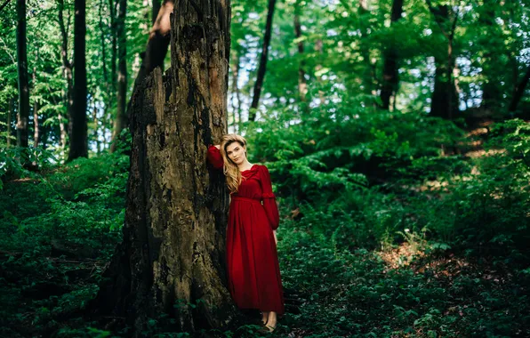 Forest, girl, red, dress, blonde