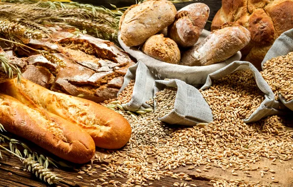 Wheat, white, grain, spikelets, bread, ears, bags, loaves