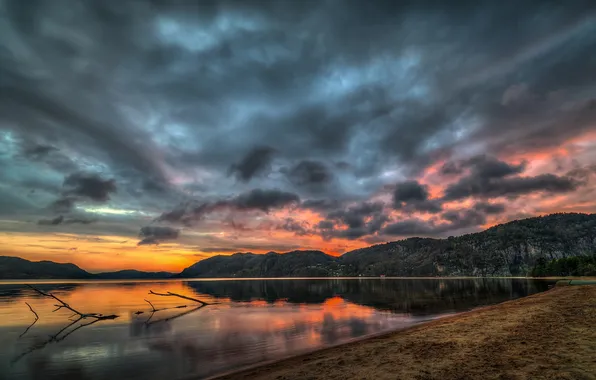 Picture sunset, clouds, lake, hills, branch, the evening