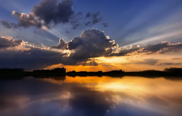 Picture the sky, rays, light, lake, cloud, cloud