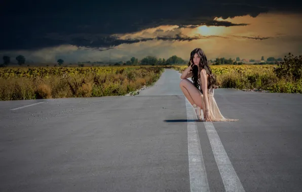Road, the sky, clouds, girl, ballerina, Pointe shoes