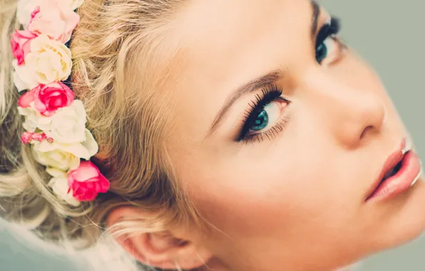 Picture look, close-up, face, background, makeup, hairstyle, blonde, beauty