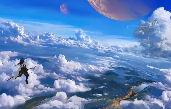 The sky, girl, clouds, castle, planet, fantasy, staff, flies