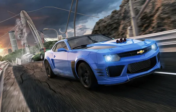 Picture Bridge, Blue, Chevrolet, Muscle, Camaro, Chevrolet, Camaro, Car