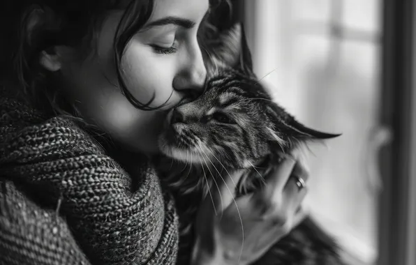 Cat, cat, girl, pose, grey, woman, hand, kiss