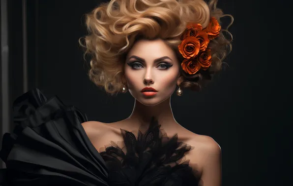 Style, model, makeup, black background, fashion, model, beauty, charm