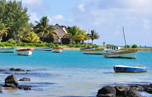 Sea, palm trees, shore, home, boats, Caribbean, Mauritius