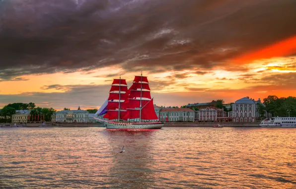 River, ship, sailboat, the evening, Peter, Saint Petersburg, Neva, Scarlet sails