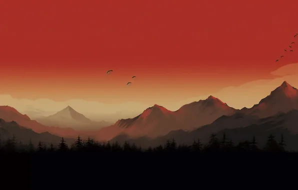 Forest, the sky, sunset, mountains, birds, rocks, tops, imitation painting