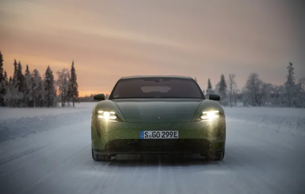 Picture snow, Porsche, green, front view, 2020, Taycan, Taycan 4S