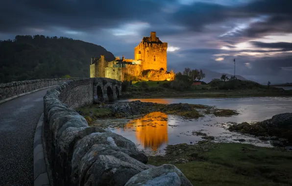 Picture road, landscape, mountains, bridge, lake, stones, the evening, Scotland