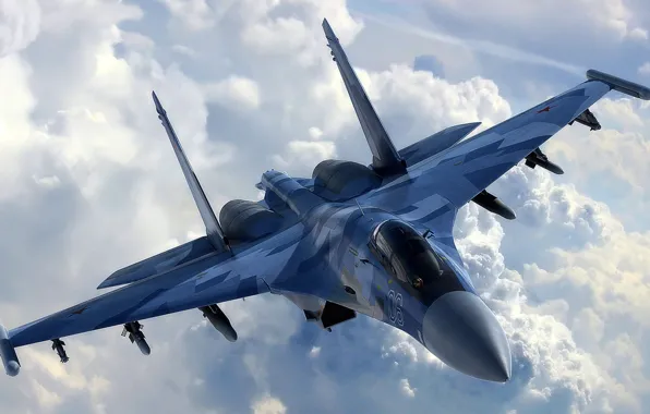 Picture the sky, clouds, the plane, fighter, multipurpose, super-maneuverable, su-35, su-35