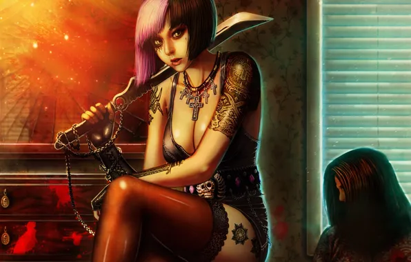 Girl, weapons, crosses, tattoo, art, the corpse, tattoo, machete