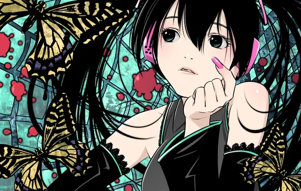 Girl, butterfly, abstraction, headphones, art, vocaloid, nails, Vocaloid