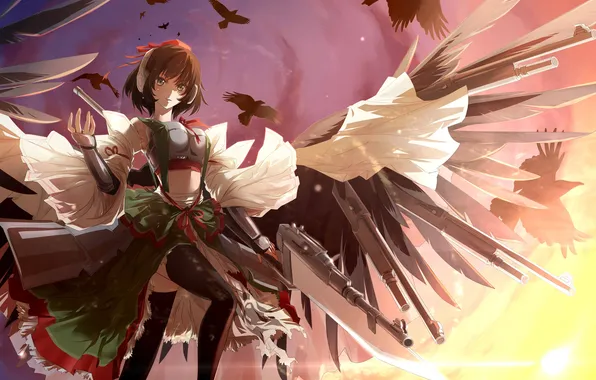 Picture look, girl, birds, wings, feathers, gesture, touhou, art
