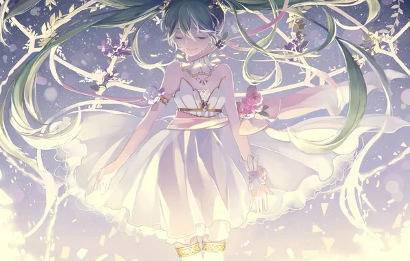 Picture girl, flowers, smile, anime, art, vocaloid, hatsune miku, Kyang692