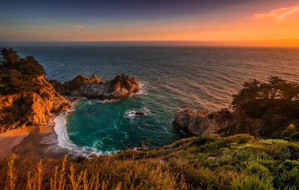 The ocean, rocks, coast, waterfall, Pacific Ocean, California, The Pacific ocean, Big Sur