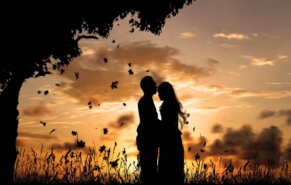The sky, girl, love, sunset, romance, guy, silhouettes, kisses