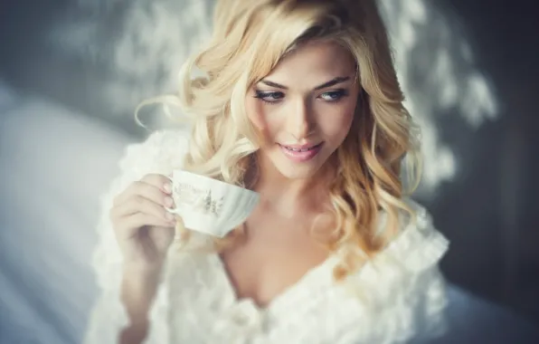Smile, blonde, drink, tea