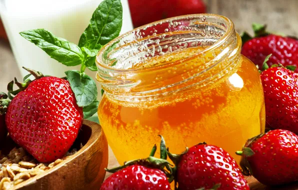 Berries, strawberry, honey, honey, berries, jar, strawberries