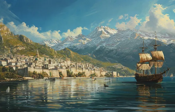 Sea, mountains, the city, ship, picture, sails, painting, strokes