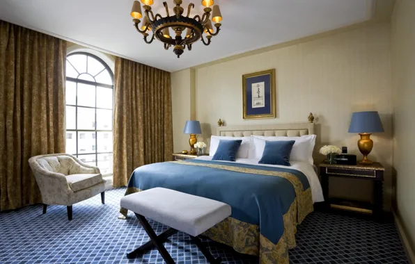 Design, bed, interior, picture, pillow, window, chandelier, bedroom