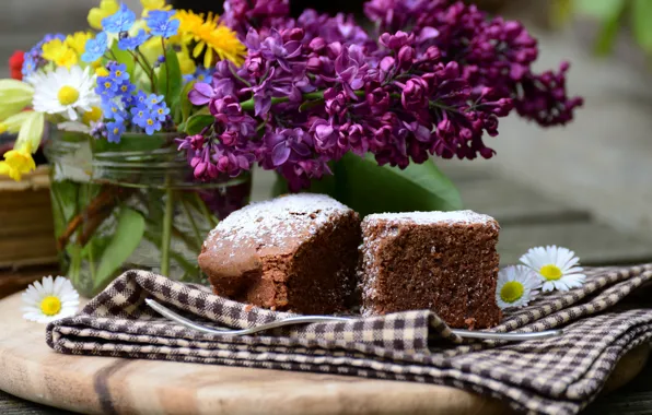 Picture flowers, towel, bouquet, still life, lilac, cupcakes
