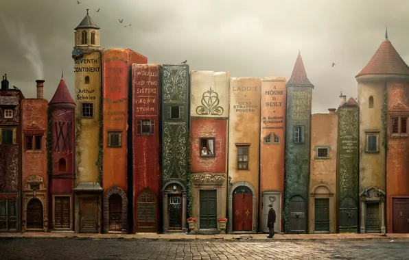 Fantasy, books, houses, the old man, male, town, Tracy Lundgren, bindings