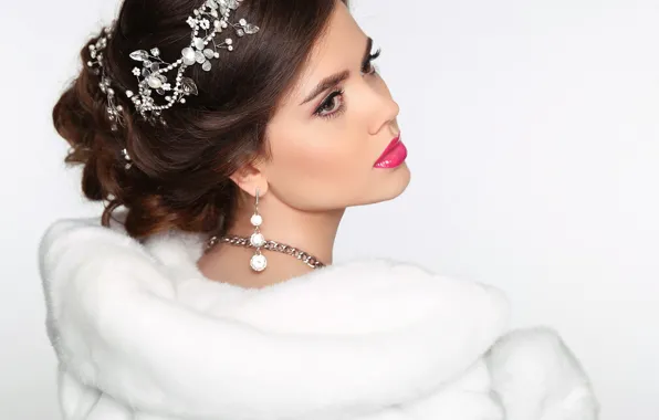 Picture decoration, background, makeup, hairstyle, coat, fur, brown hair, beauty
