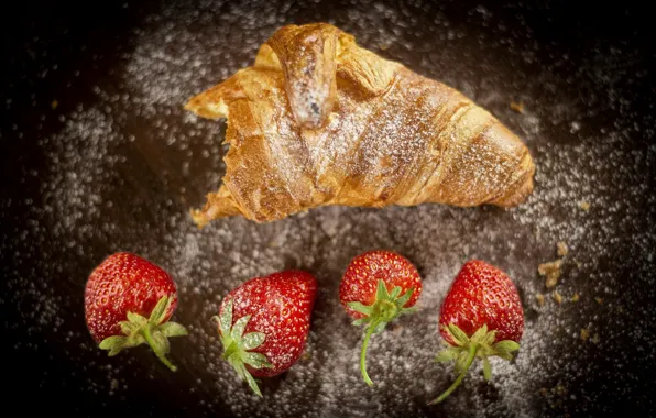 Picture berries, strawberry, cakes, powdered sugar, Croissant