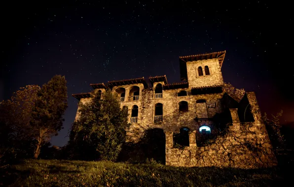 Picture grass, stars, trees, night, darkness, castle, window, arch