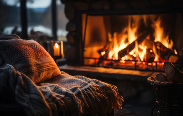 Picture winter, snow, comfort, room, sofa, fire, the evening, candles