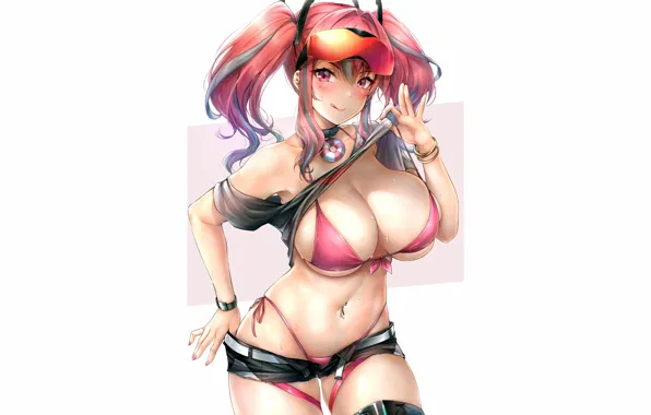 Girl, sexy, cleavage, shorts, thighhighs, long hair, boobs, anime