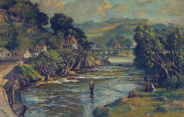 Trees, landscape, river, home, picture, fisherman, Devon, Samuel Birch