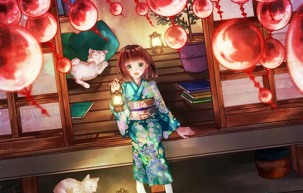 Cats, girl, lanterns