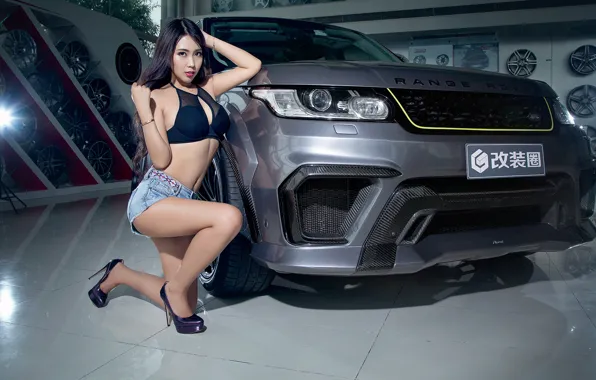 Auto, look, Asian, Erotic, beautiful girl, Range rover, posing on the car