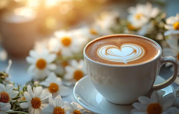 Light, flowers, table, holiday, heart, figure, coffee, chamomile