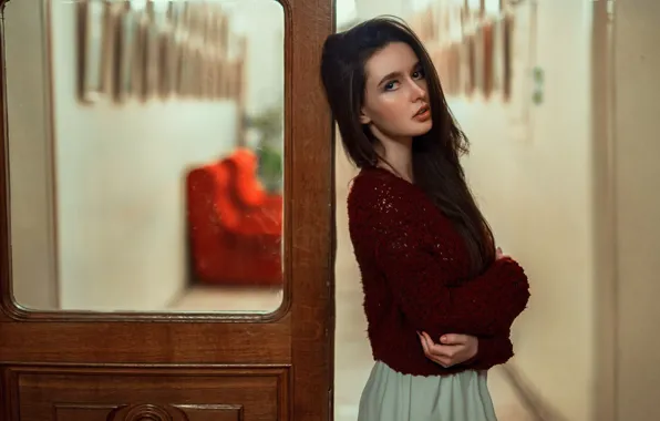 Model, women, brunette, green dress, sweater, arms crossed, women indoors, Marina Kapitsa