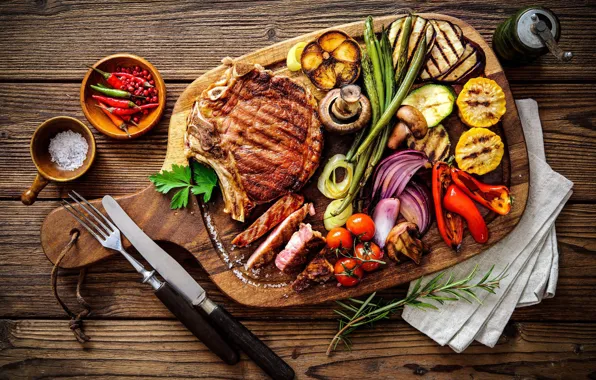 Mushrooms, corn, meat, pepper, vegetables, cherry, salt, asparagus
