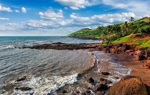 Sand, wave, stones, The sky, Clouds, Sea, Beach, India