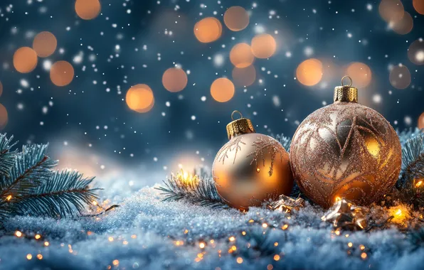 Winter, balls, snow, night, branches, lights, lights, holiday