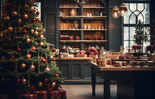 Balls, light, table, interior, spruce, window, Christmas, kitchen