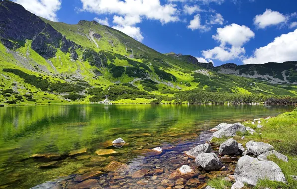 Picture the sky, clouds, mountains, lake, stones, Poland, poland, Tatras