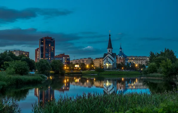 The sky, grass, trees, lights, pond, home, the evening, Saint Petersburg