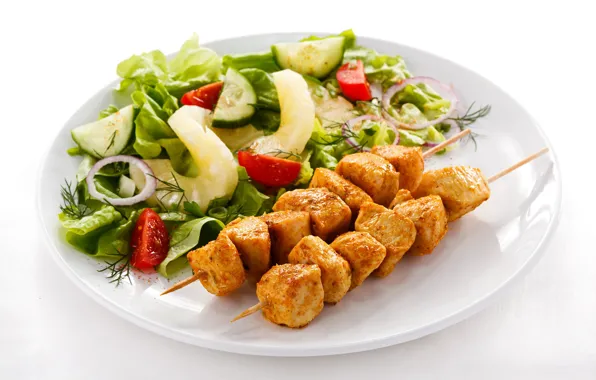 Greens, cucumber, meat, tomatoes, salad, kebabs