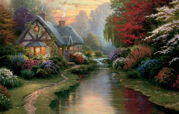 Light, sunset, flowers, stream, the evening, painting, cottage, path