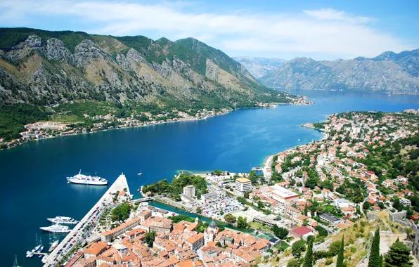 Picture mountains, shore, home, Bay, panorama, Bay, liner, boats