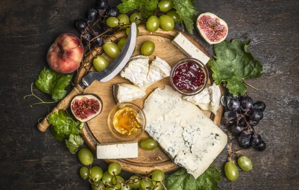 Leaves, cheese, grapes, peaches, grapes, jam, cheese, common fig