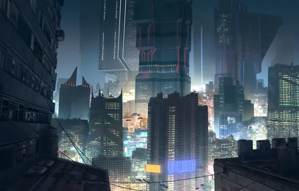Night, the city, lights, skyscrapers, roof, megapolis, cyberpunk