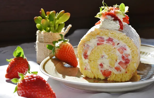 Light, berries, table, plant, strawberry, plate, cream, dessert